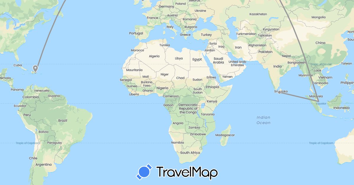 TravelMap itinerary: driving, plane in Dominican Republic, Sri Lanka, Singapore (Asia, North America)